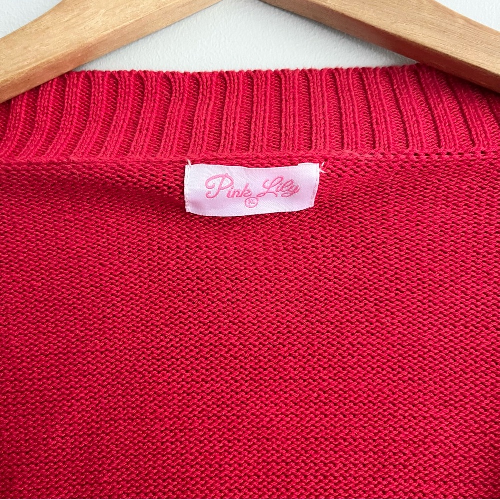 Pink Lily Red V-Neck Cardigan with Rhinestone Bow Accents Extra Large - Picture 3 of 11